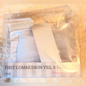 Bonnie Jean White First Communion Veil & Glove Set with Beaded Trim